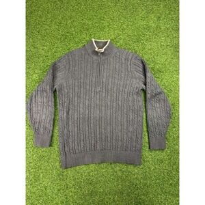 Izod Sweater Mens M Gray Cotton Cable Knit Mock Neck Quarter Zip Ribbed Trim